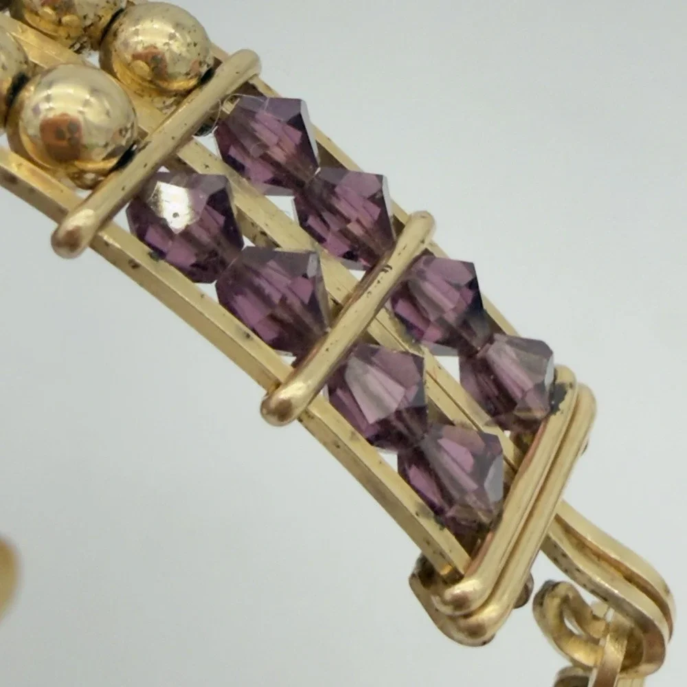 Vintage Rolled Gold Wire Wrapped Bracelet Purple Crystal Faux Pearl Beaded Read